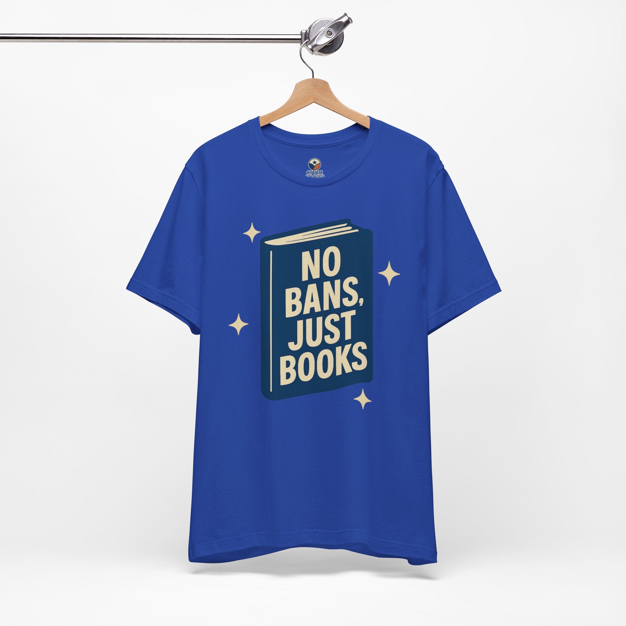 No Bans, Just Books tee — True Royal - accent — angled hanging
