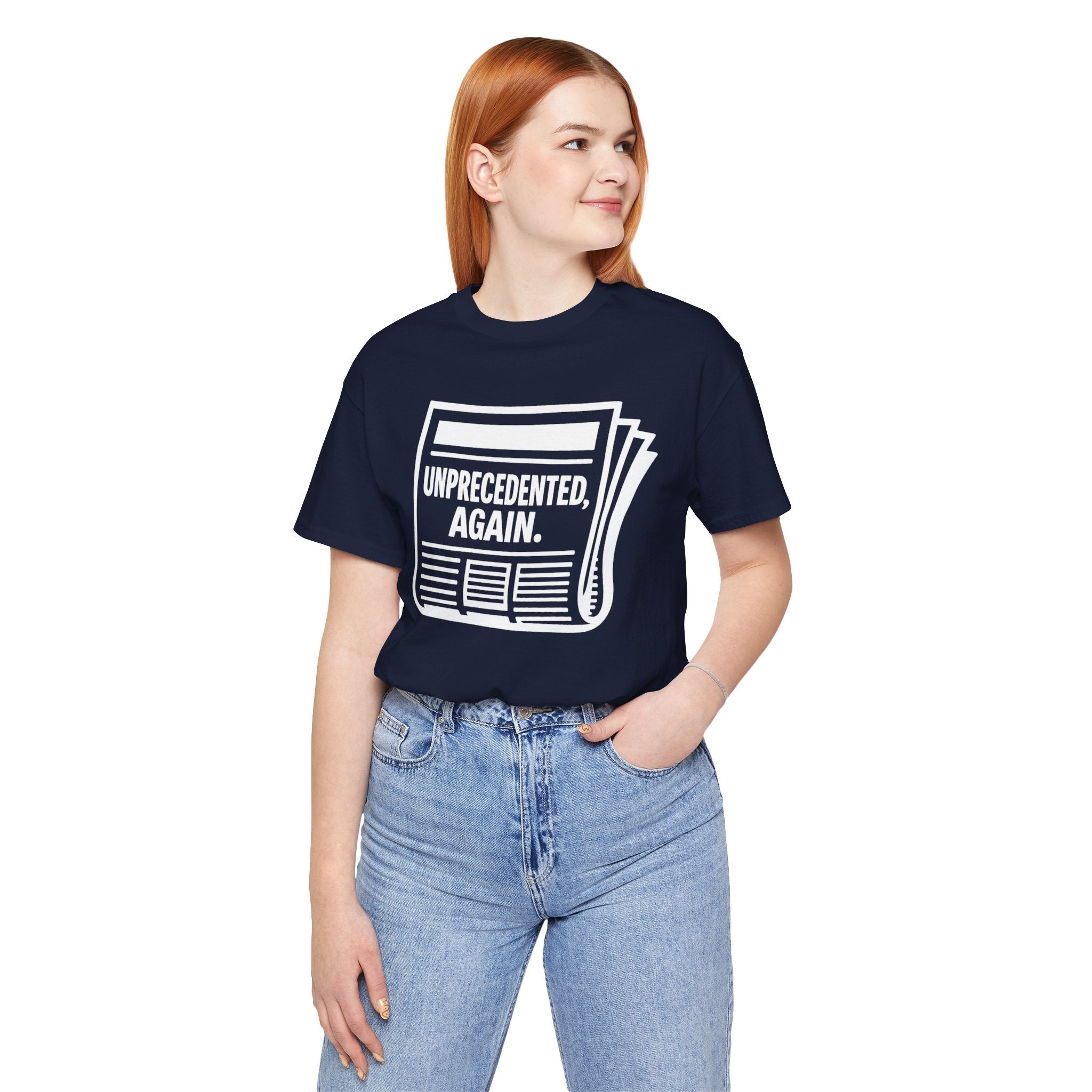 Unprecedented Again tee— Navy  - accent — angled lifestyle

