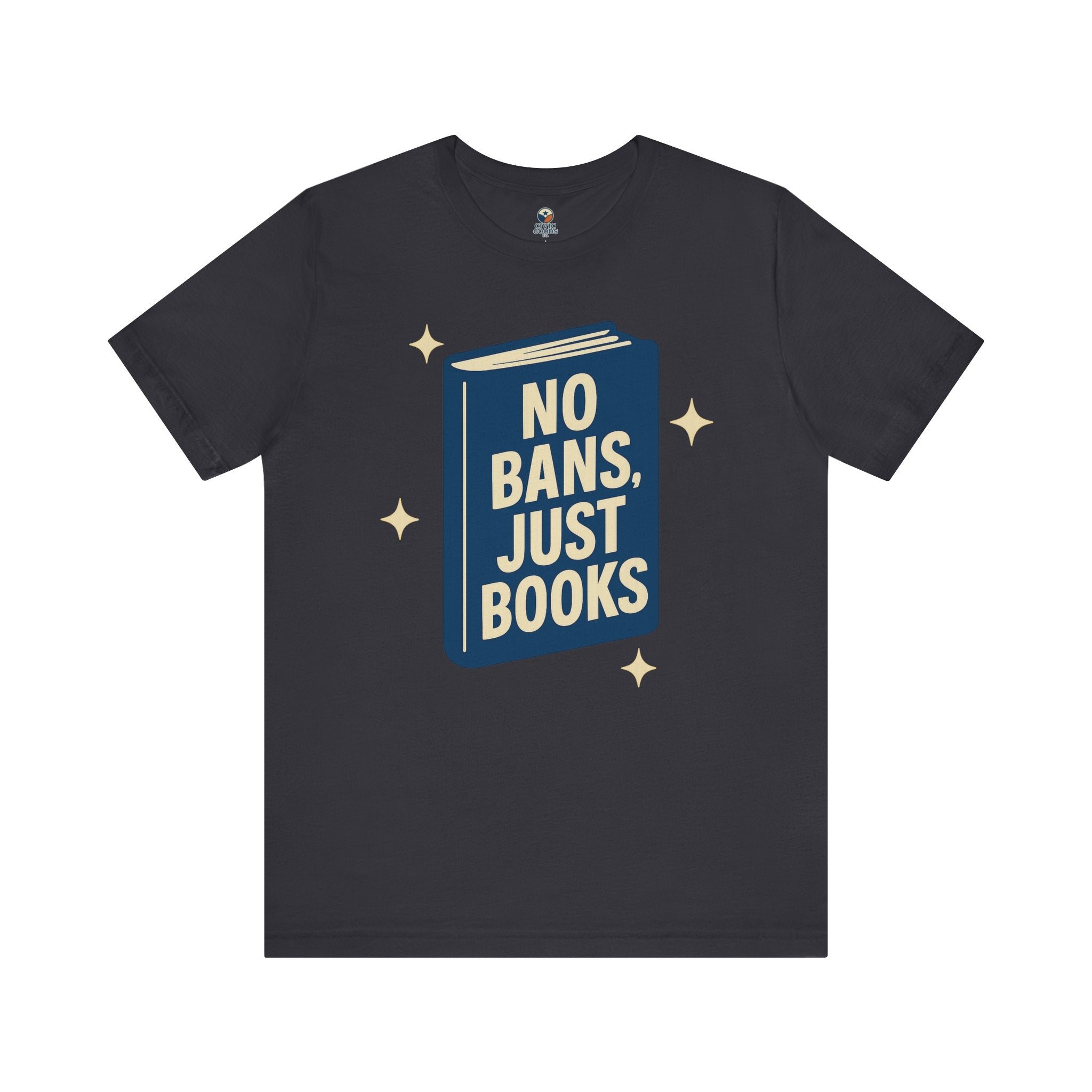 No Bans, Just Books tee — Dark gray-  accent — angled flat lay

