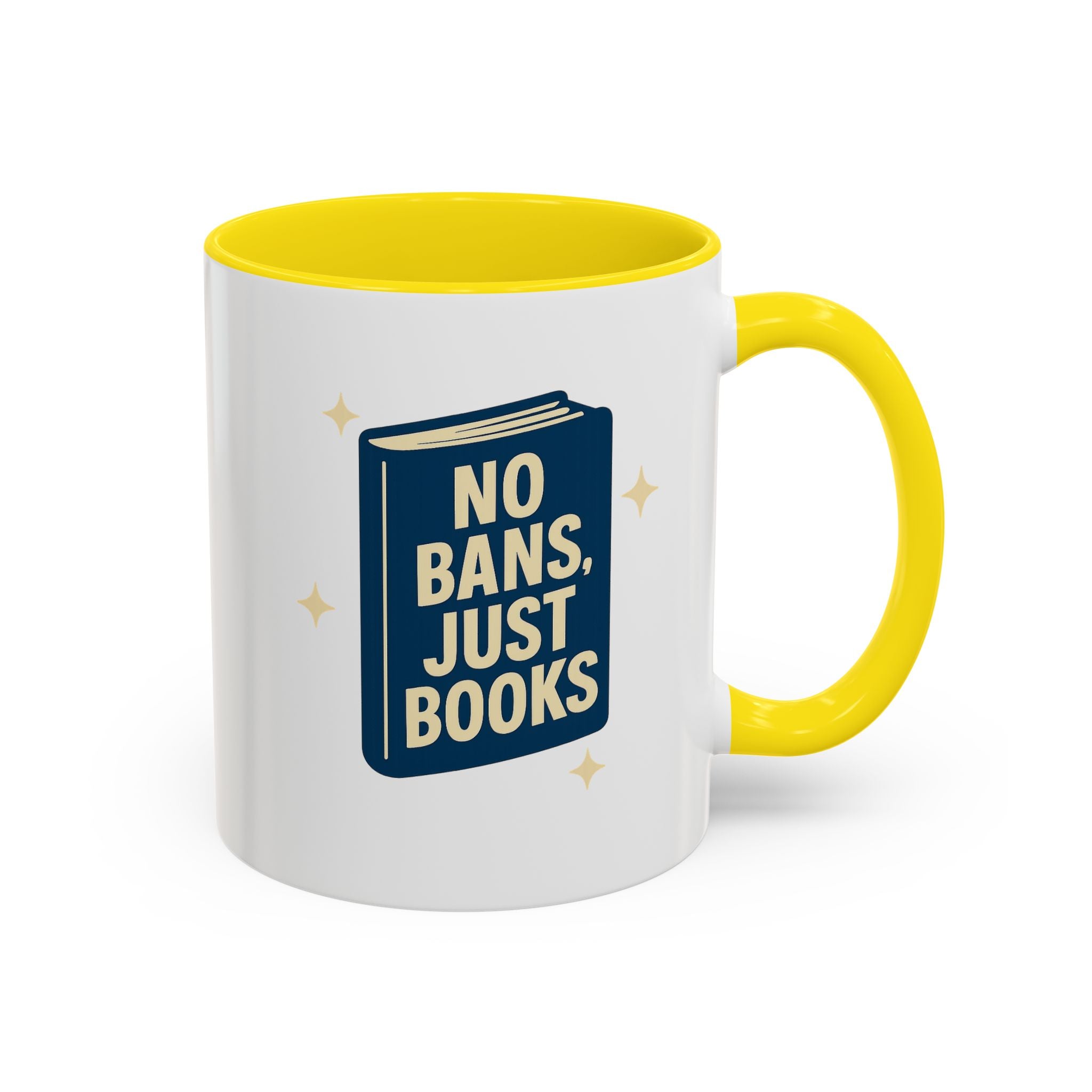 No Bans, Just Books — 11oz — Yellow - accent — angled flat lay
