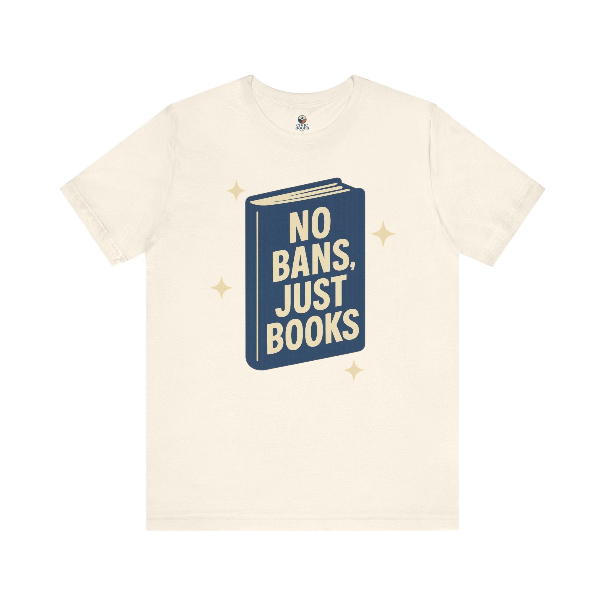 No Bans, Just Books tee — Natural- accent — angled flat lay
