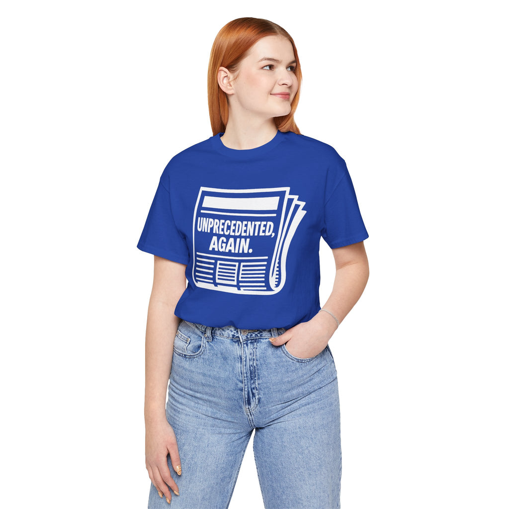Unprecedented Again tee — True Royal - accent — angled lifestyle
