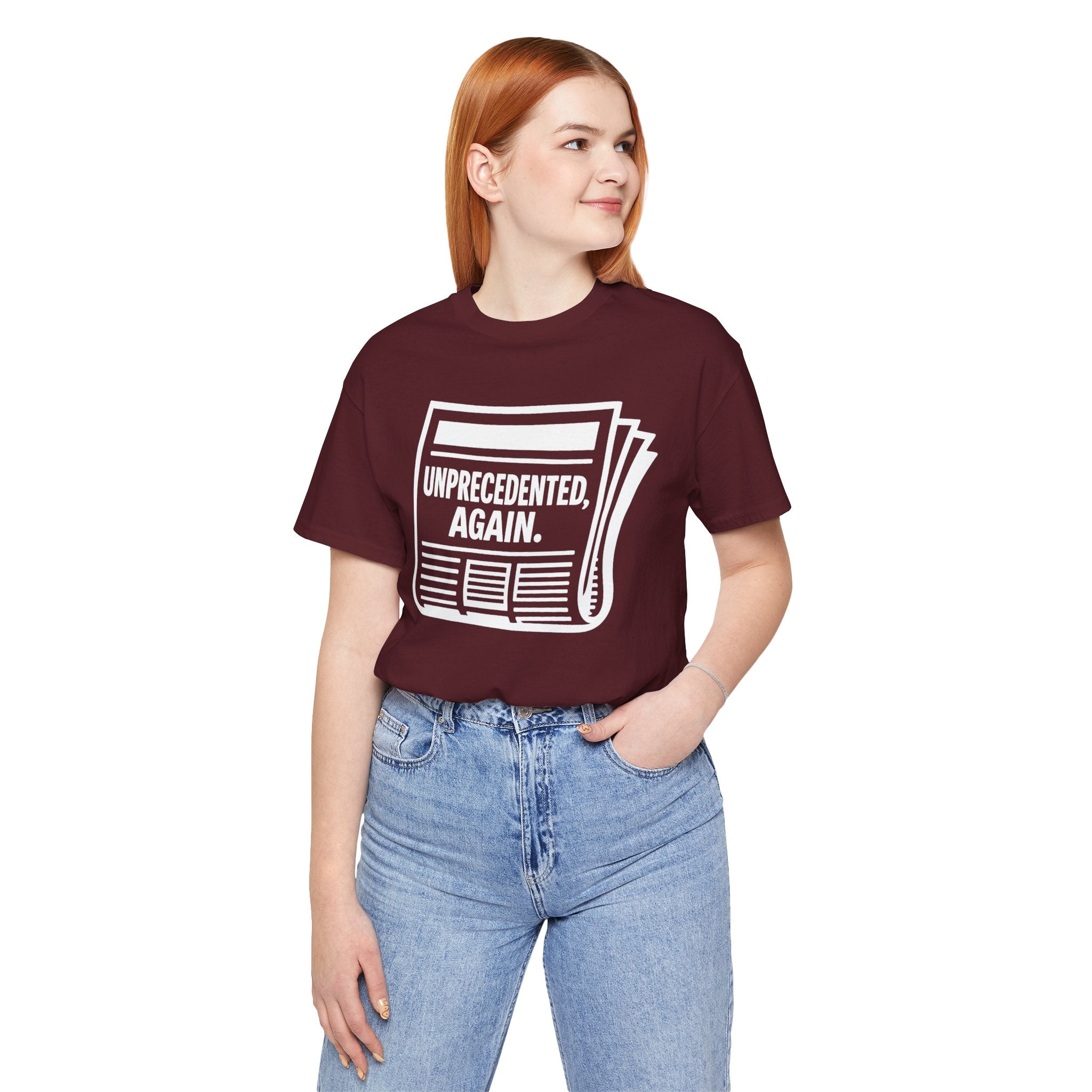 Unprecedented Again tee — Maroon  - accent — angled lifestyle
