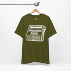 Unprecedented Again tee— Olive  - accent — angled hanging
