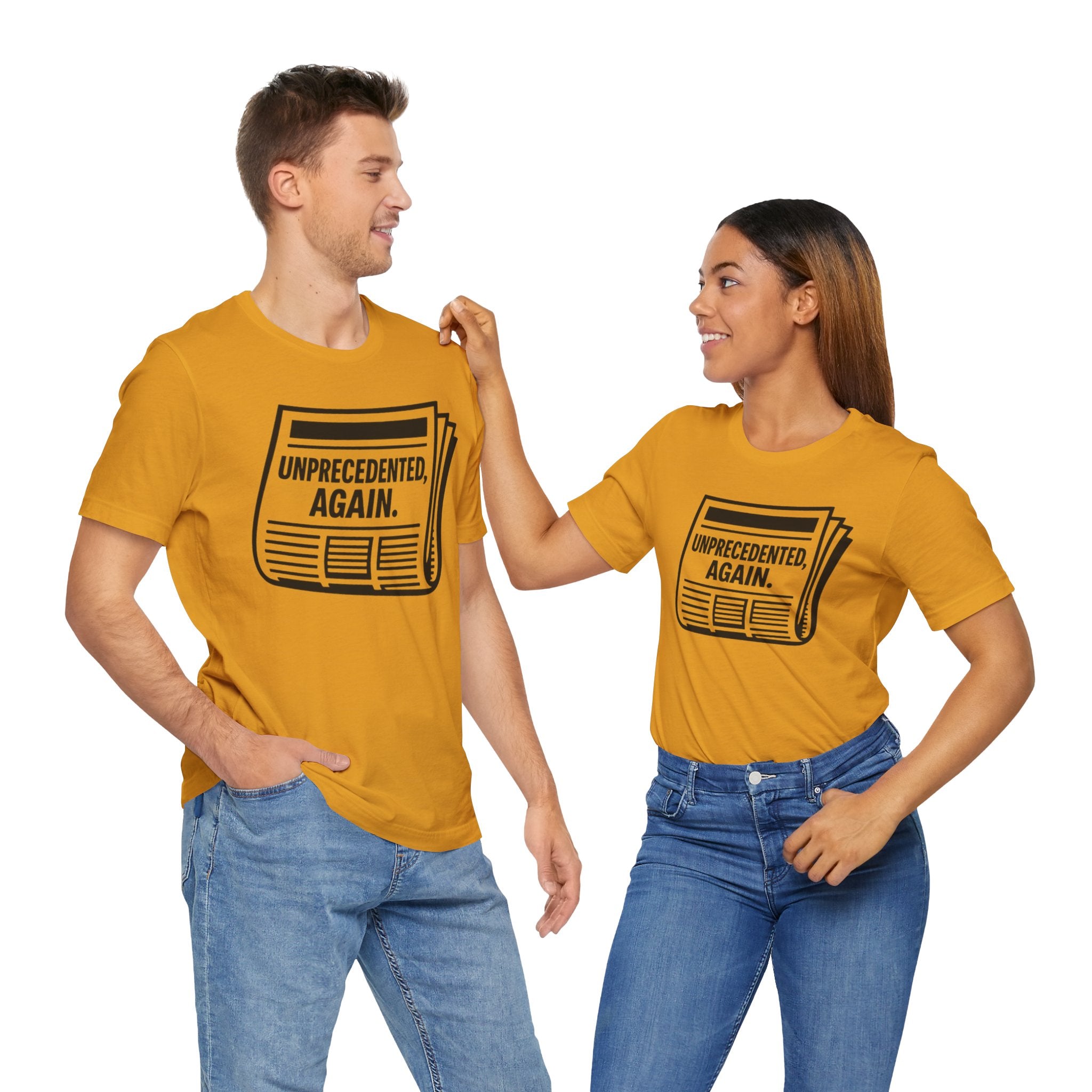 Unprecedented Again tee — Mustard  - accent — angled Duo
