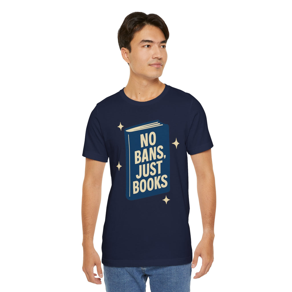 No Bans, Just Books tee — Navy  - accent — angled lifestyle
