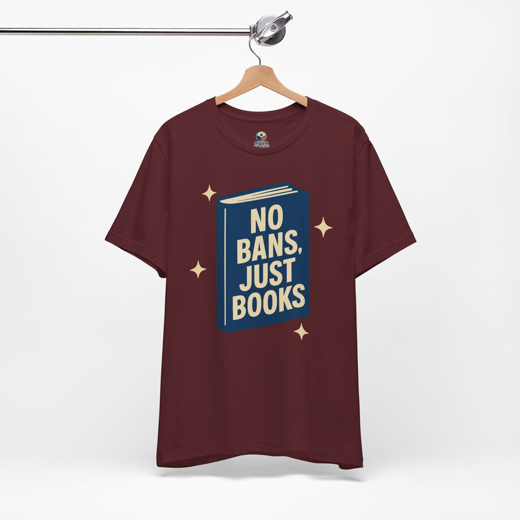 No Bans, Just Books tee — Maroon  - accent — angled hanging
