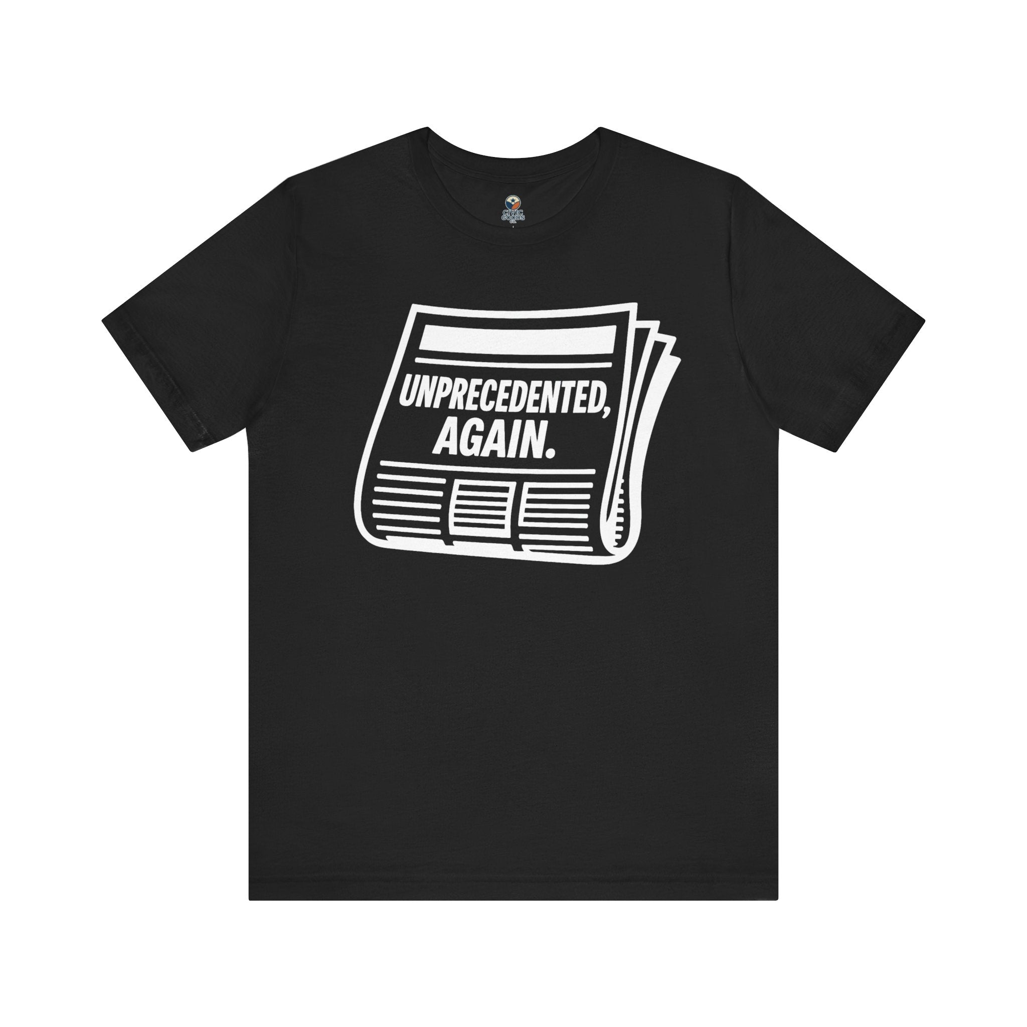 Unprecedented Again tee — Black - accent — angled flat lay
