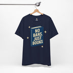 No Bans, Just Books tee — Navy  - accent — angled hanging

