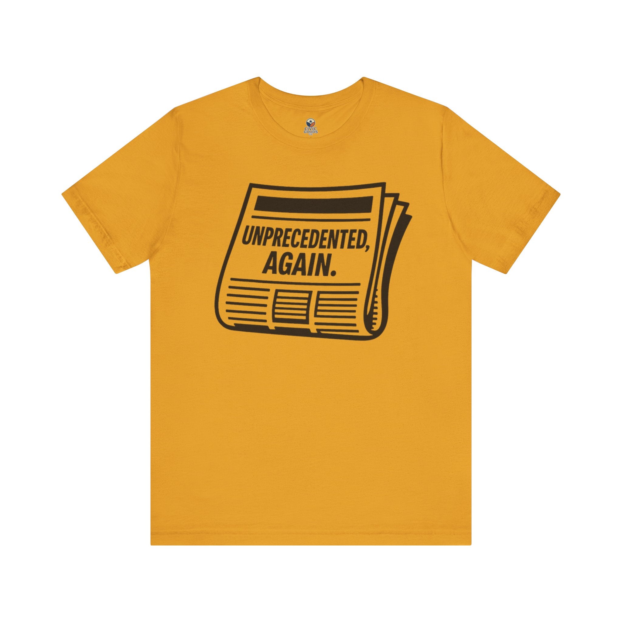 Unprecedented Again tee — Mustard - accent — angled flat lay
