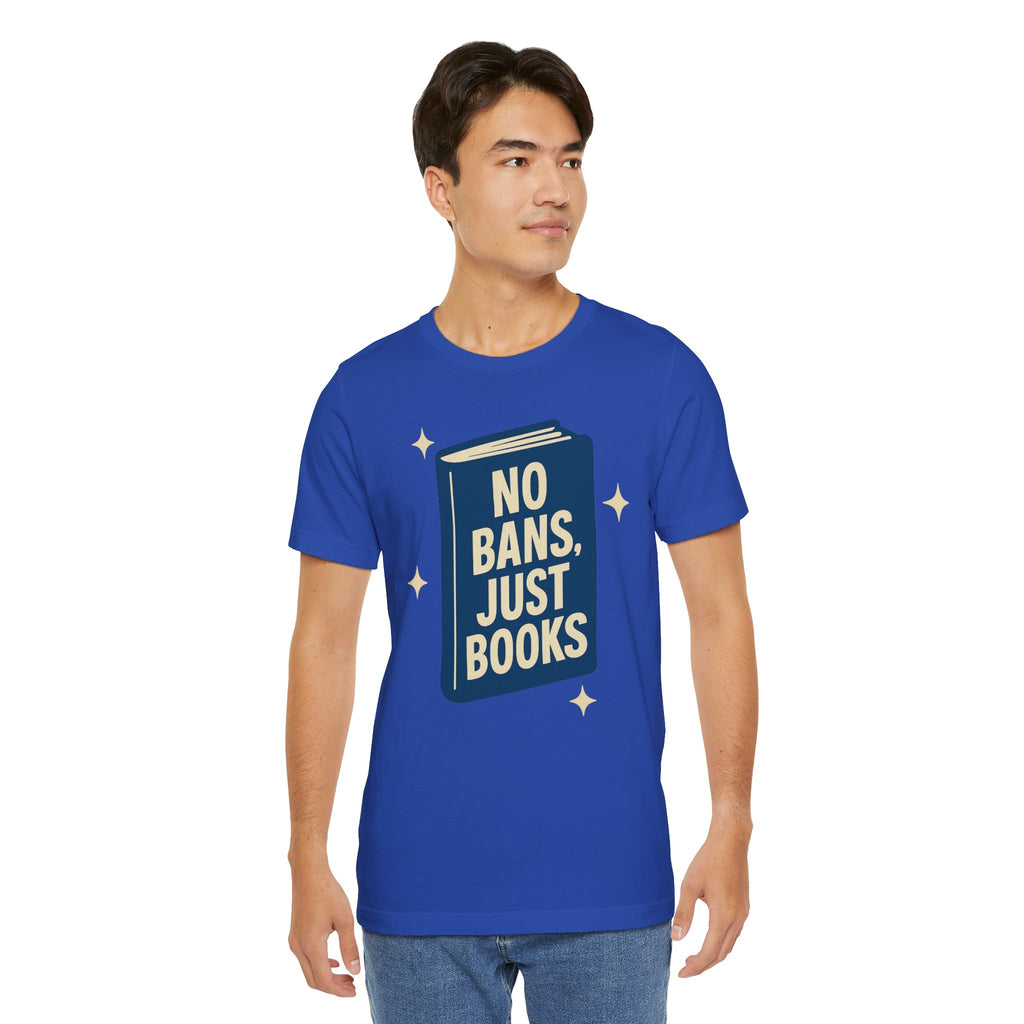 No Bans, Just Books tee  — True Royal - accent — angled lifestyle
