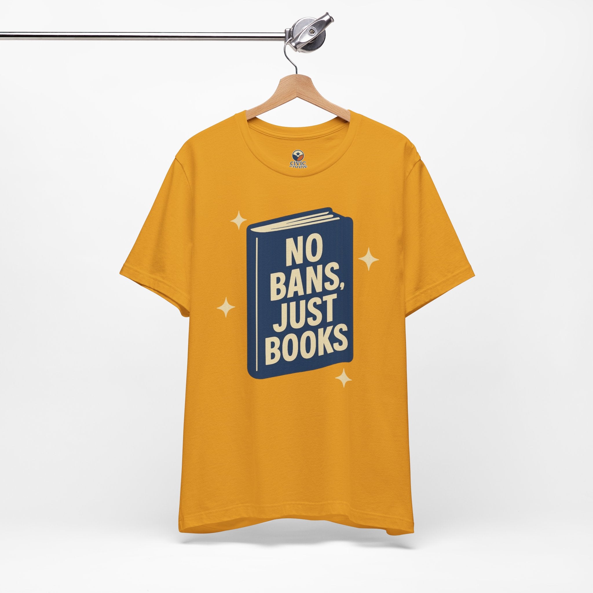 No Bans, Just Books tee — Mustard  - accent — angled hanging
