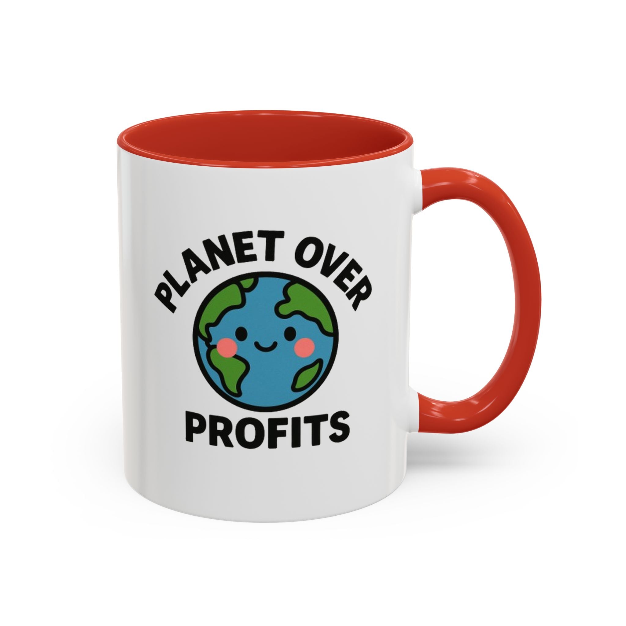 Planet Over Profits mug — 11oz — Red -  accent — angled flat lay
