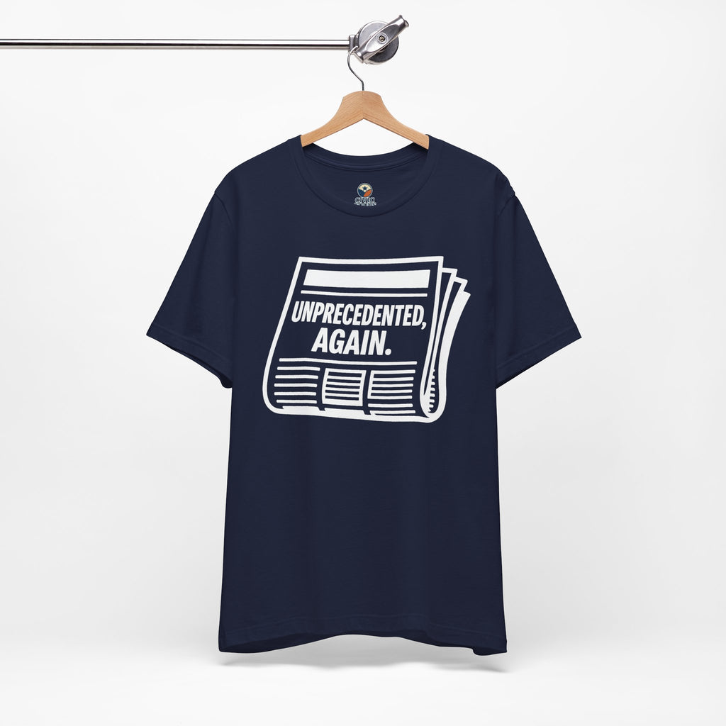 Unprecedented Again tee — Navy  - accent — angled hanging

