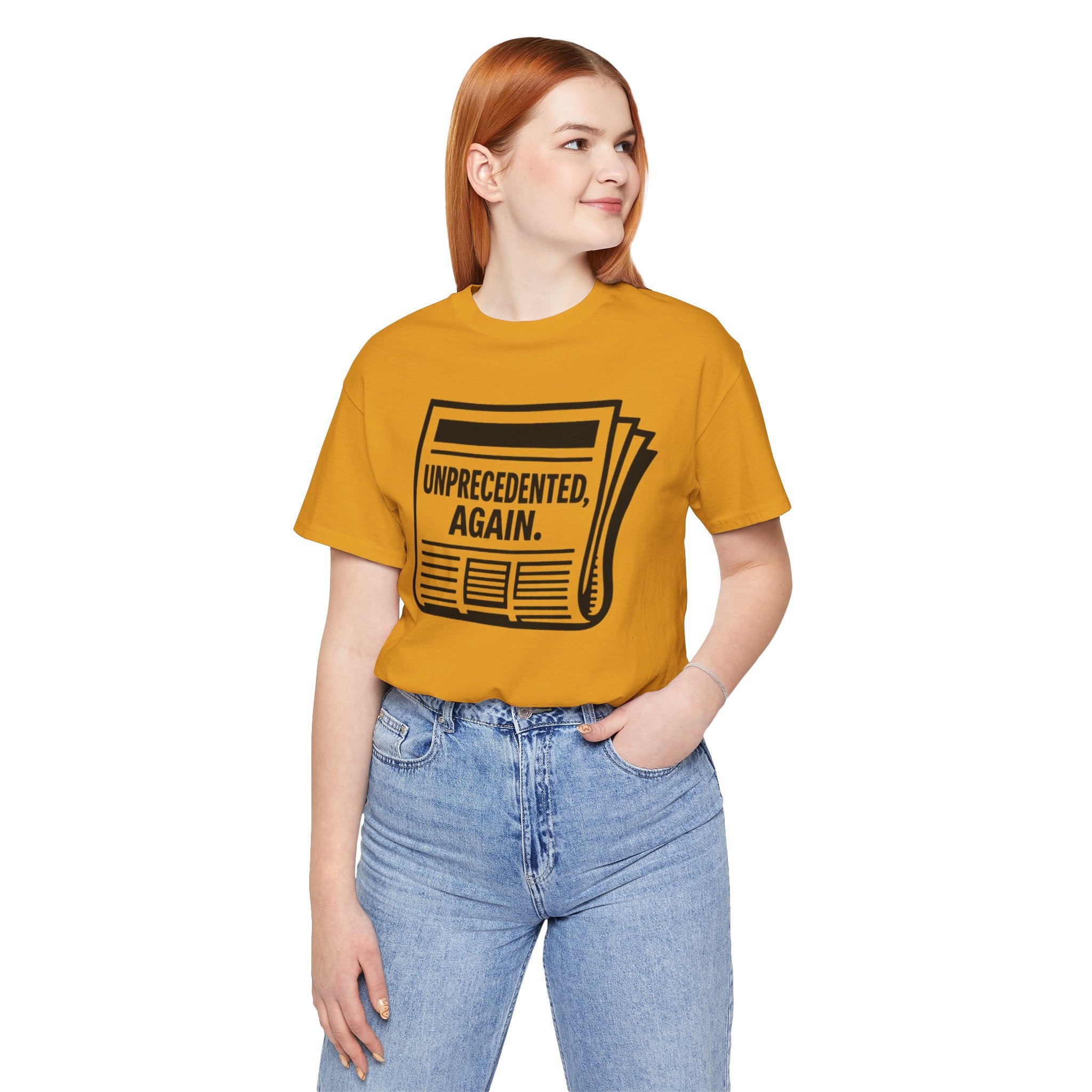 Unprecedented Again tee— Mustard  - accent — angled lifestyle
