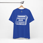 Unprecedented Again tee— True Royal - accent — angled hanging
