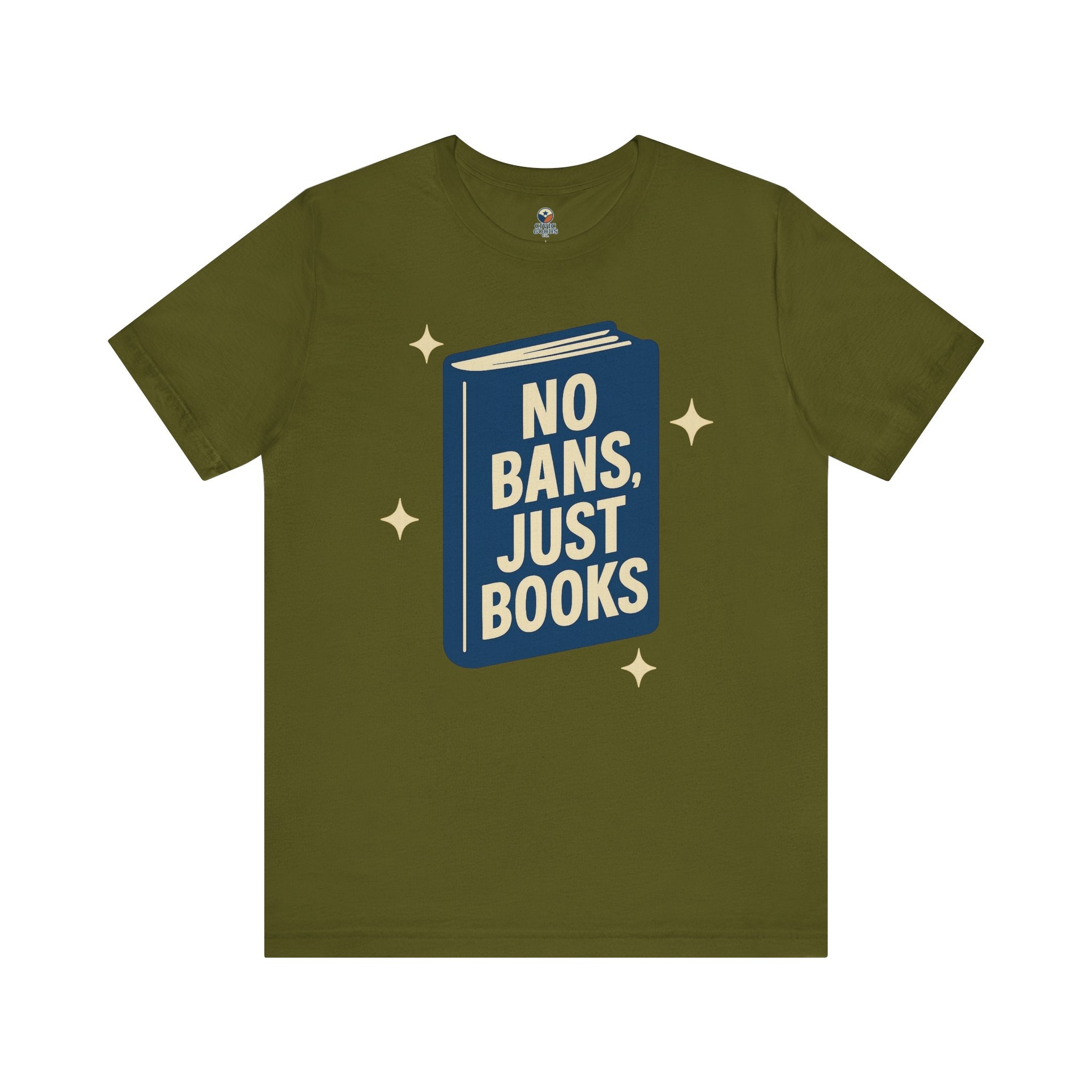 No Bans, Just Books tee — Olive - accent — angled flat lay
