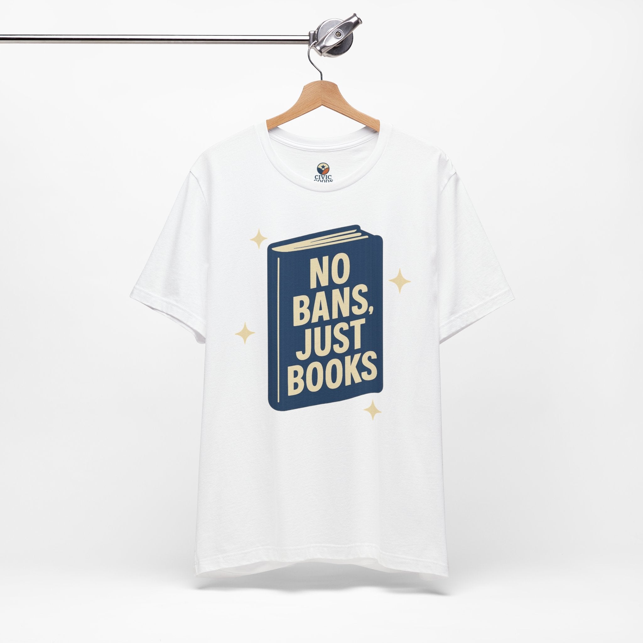 No Bans, Just Books tee — White  - accent — angled hanging
