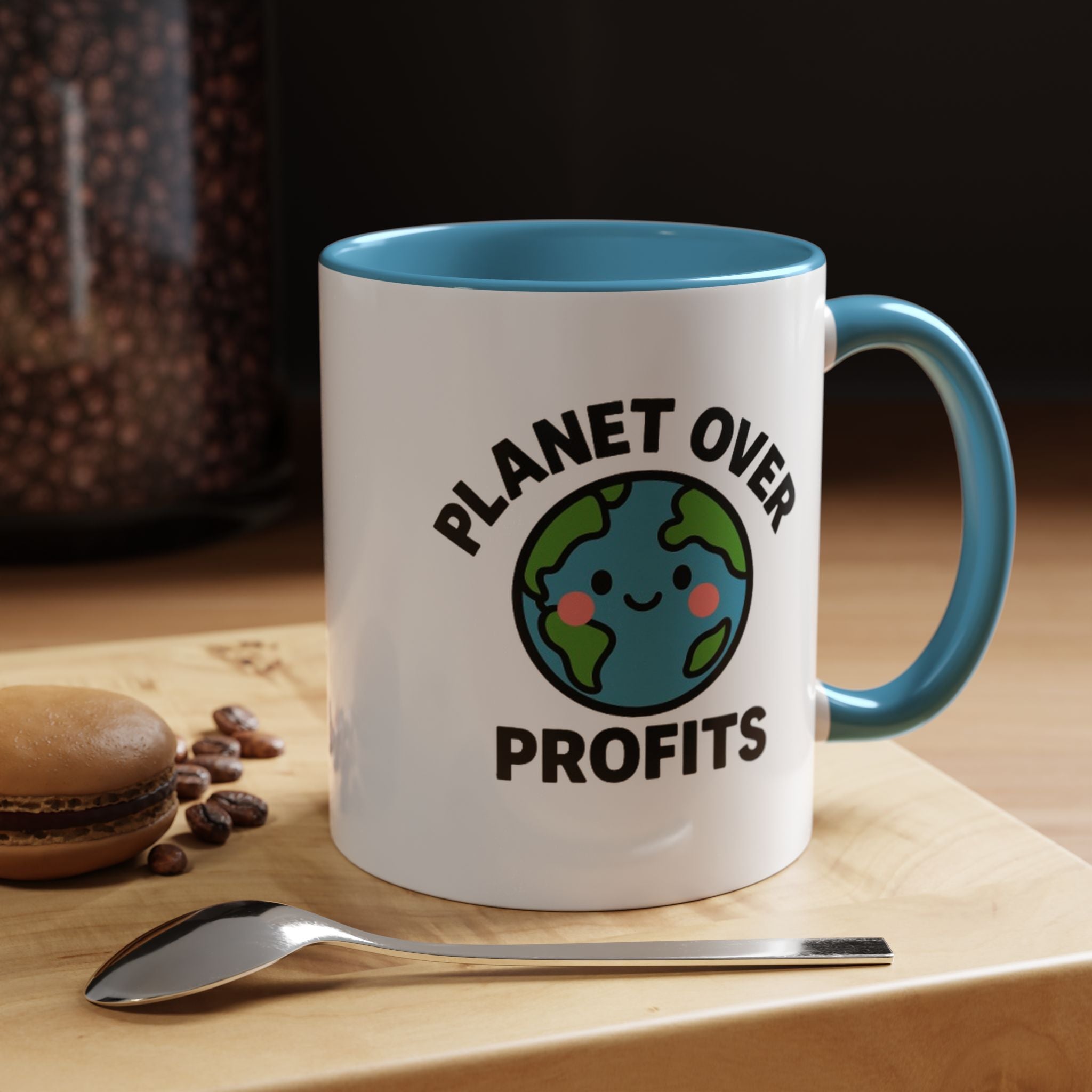 Planet Over Profits mug — 11oz — Light Blue - accent — angled lifestyle
