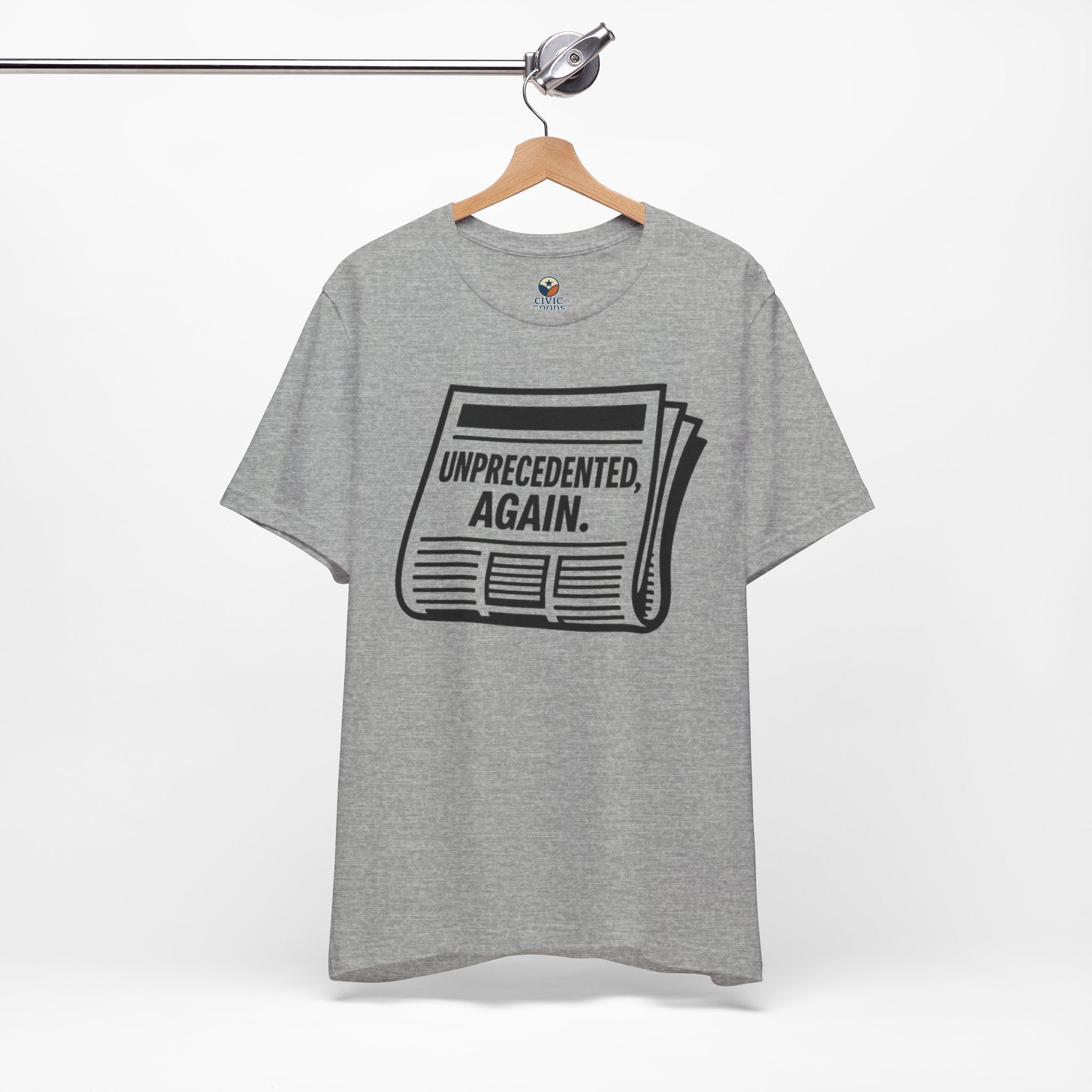 Unprecedented Again tee — Athletic Heather- accent — angled hanging
