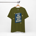No Bans, Just Books tee — Olive  - accent — angled hanging
