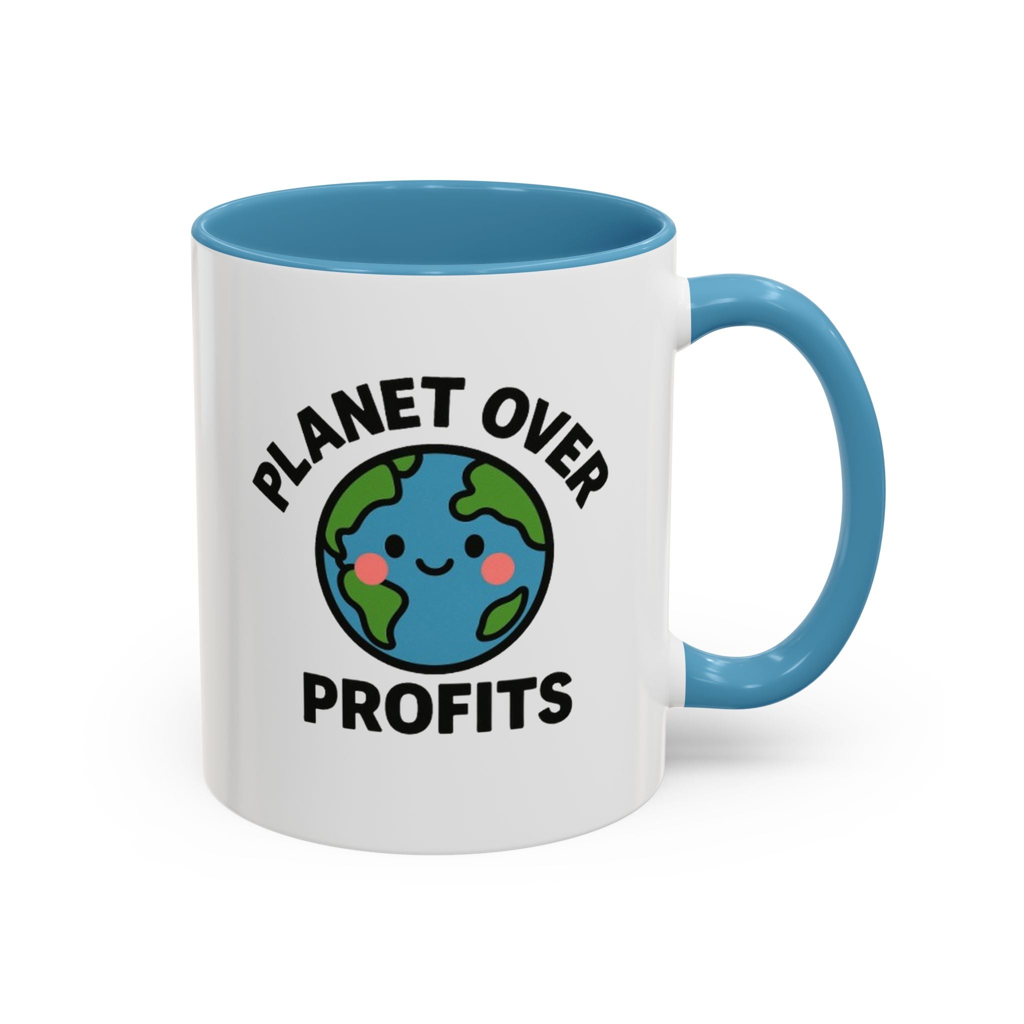 Planet Over Profits mug — 11oz — Light Blue - accent — angled flat lay
