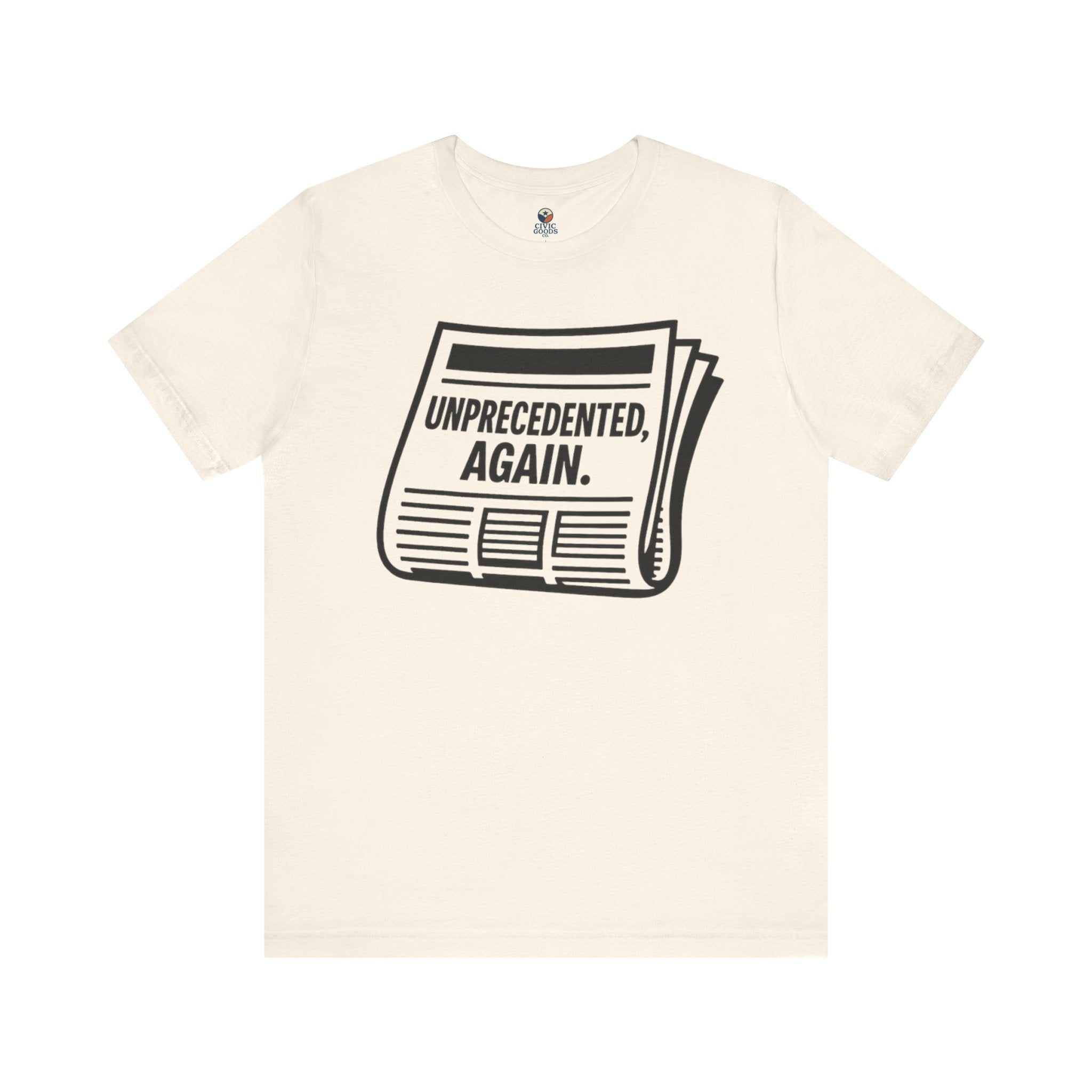 Unprecedented Again tee— Natural- accent — angled flat lay
