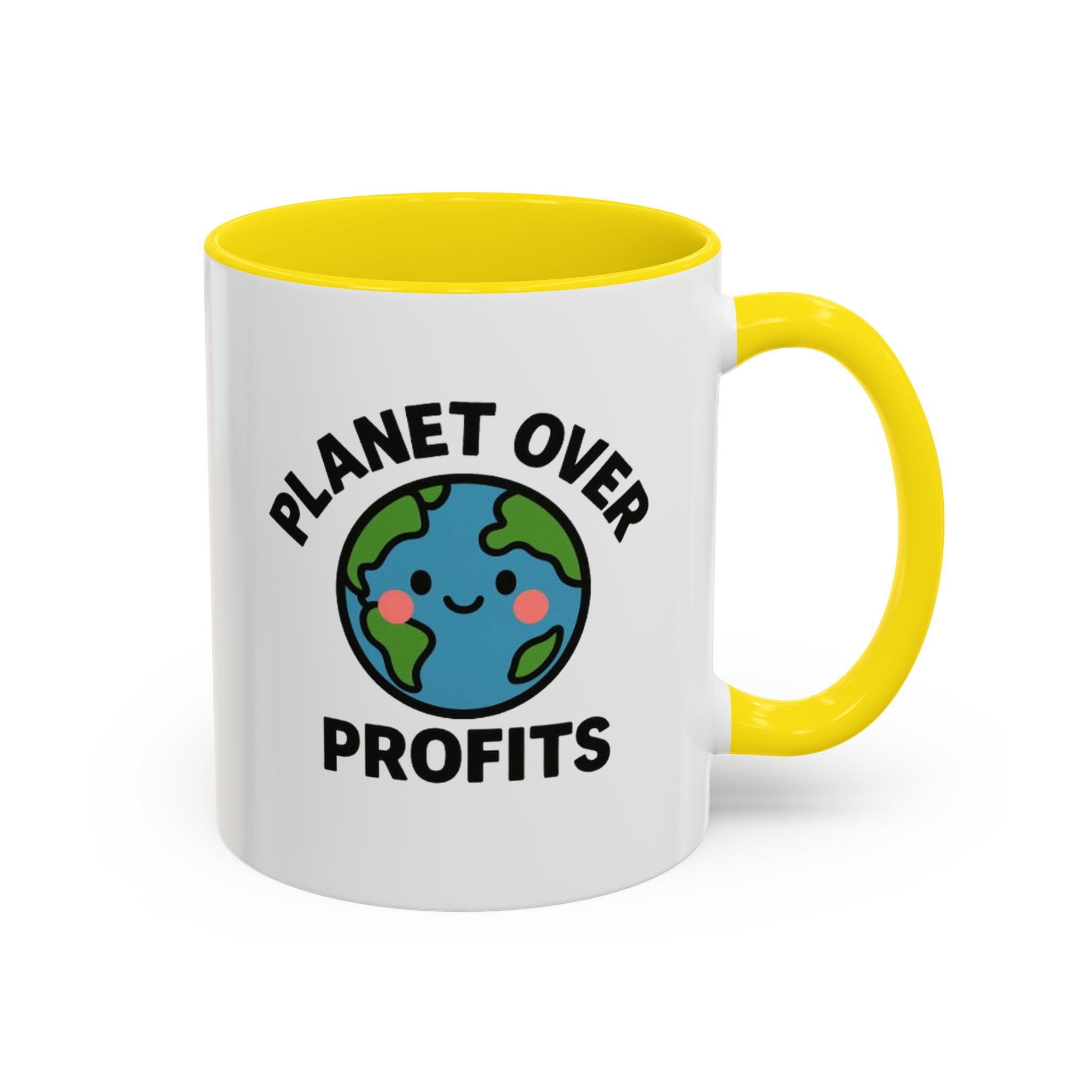 Planet Over Profits mug — 11oz — Yellow - accent — angled flat lay
