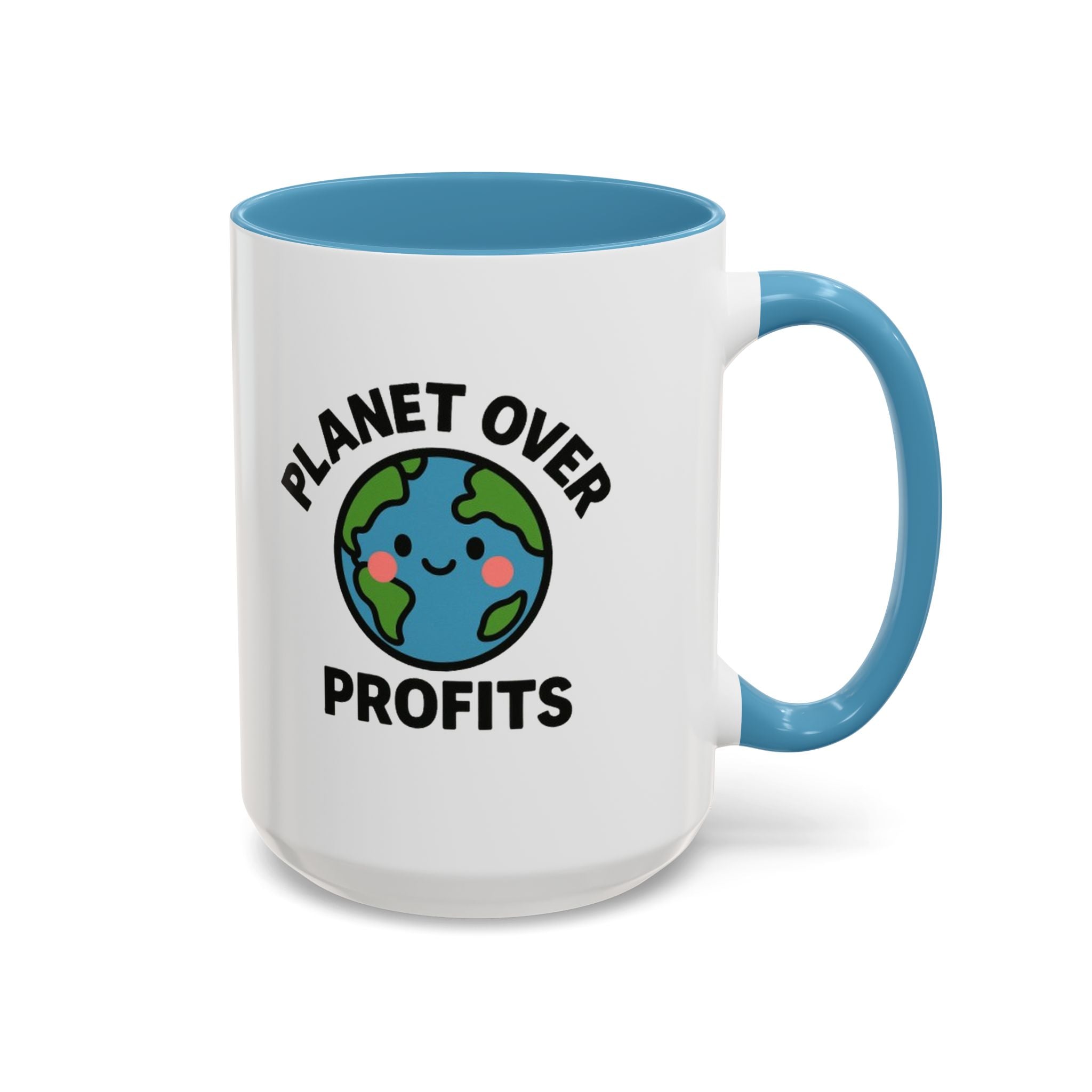 Planet Over Profits mug — 15oz — Light Blue - accent — angled flat lay
