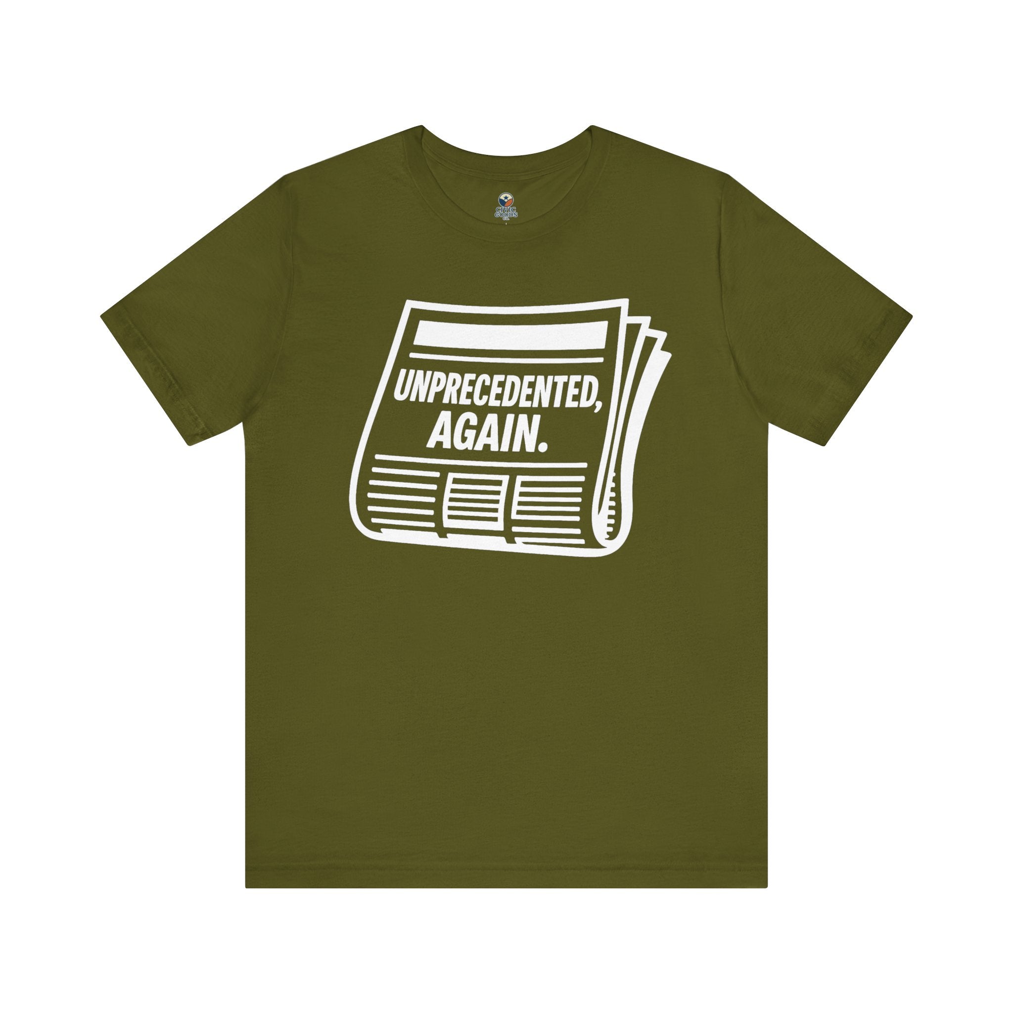 Unprecedented Again tee — Olive - accent — angled flat lay
