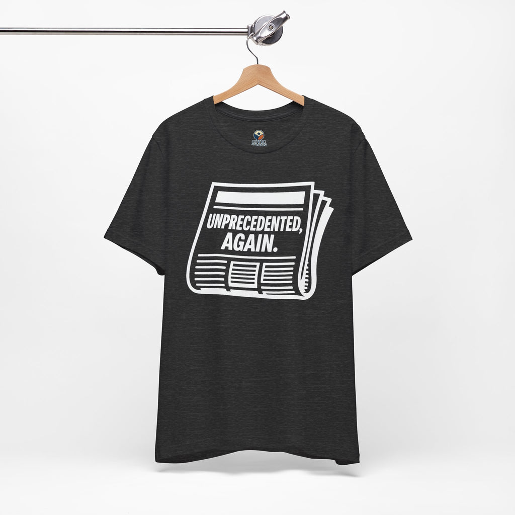 Unprecedented Again tee —  Dark gray Heather -  accent — angled hanging
