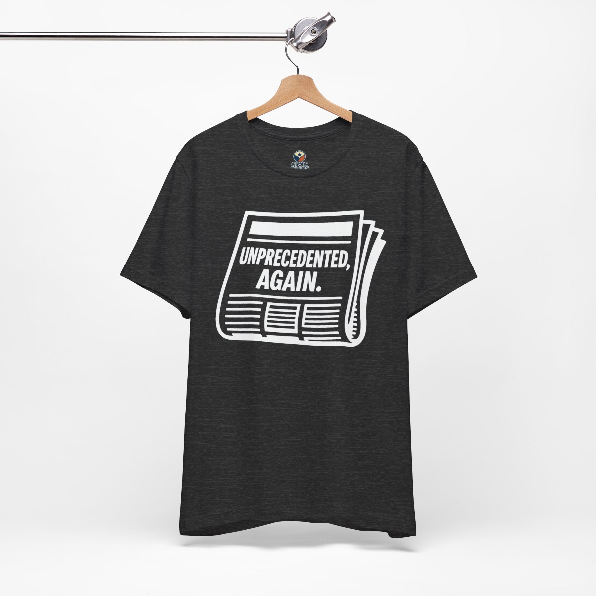 Unprecedented Again tee —  Dark gray Heather -  accent — angled hanging
