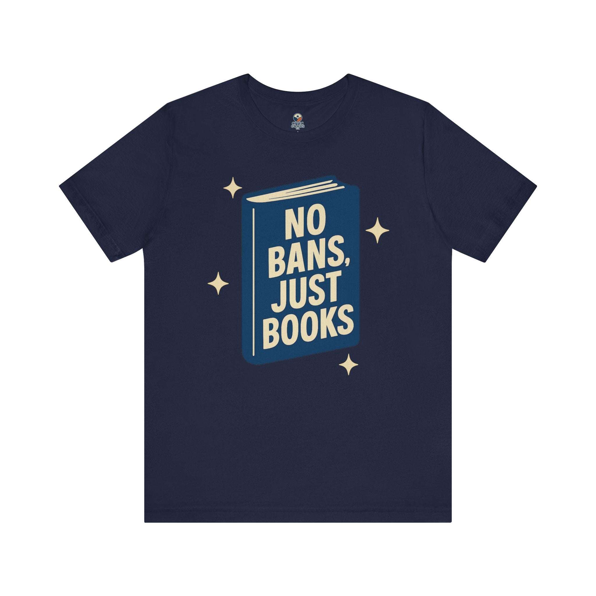 No Bans, Just Books tee — Navy - accent — angled flat lay
