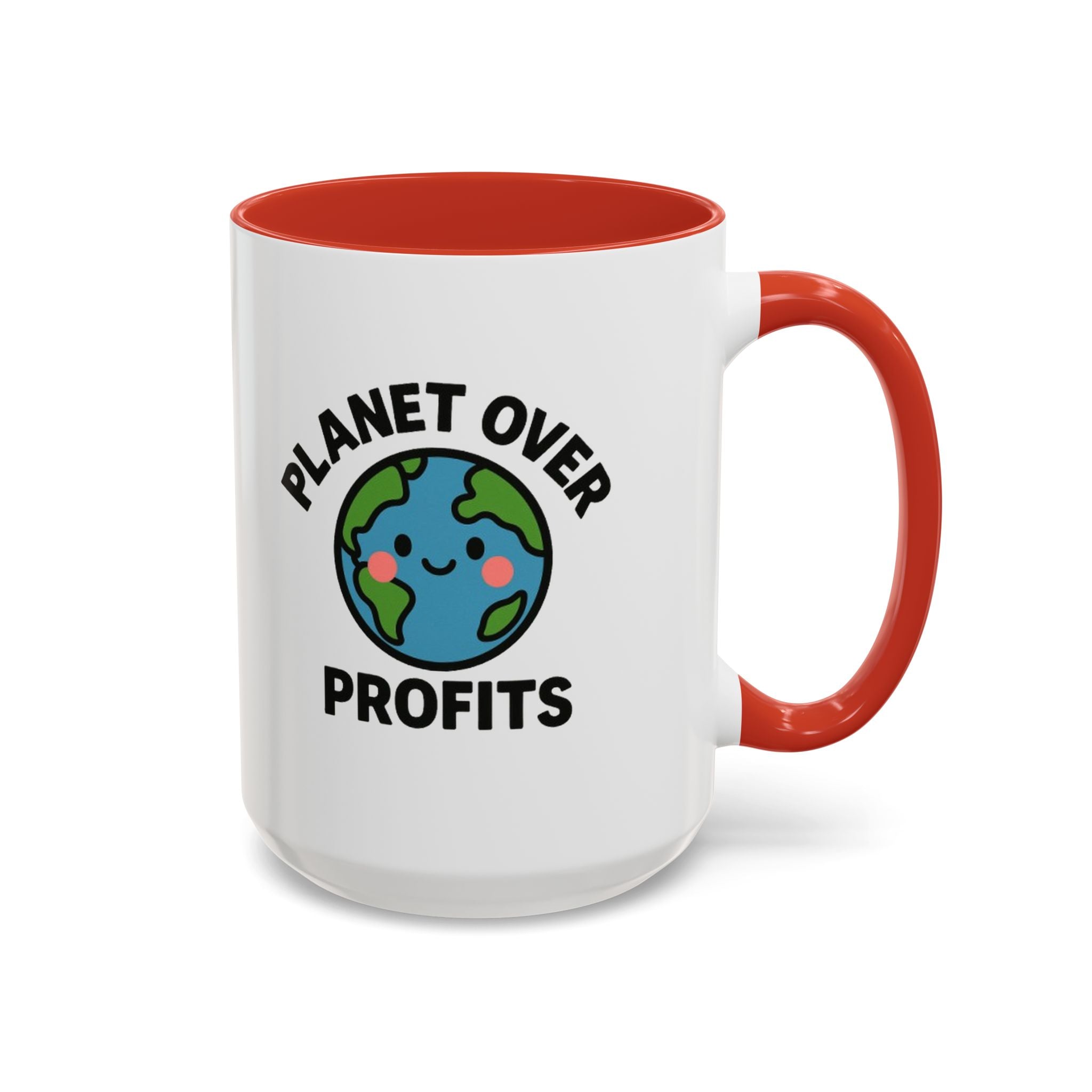 Planet Over Profits mug — 15oz — Red -  accent — angled flat lay
