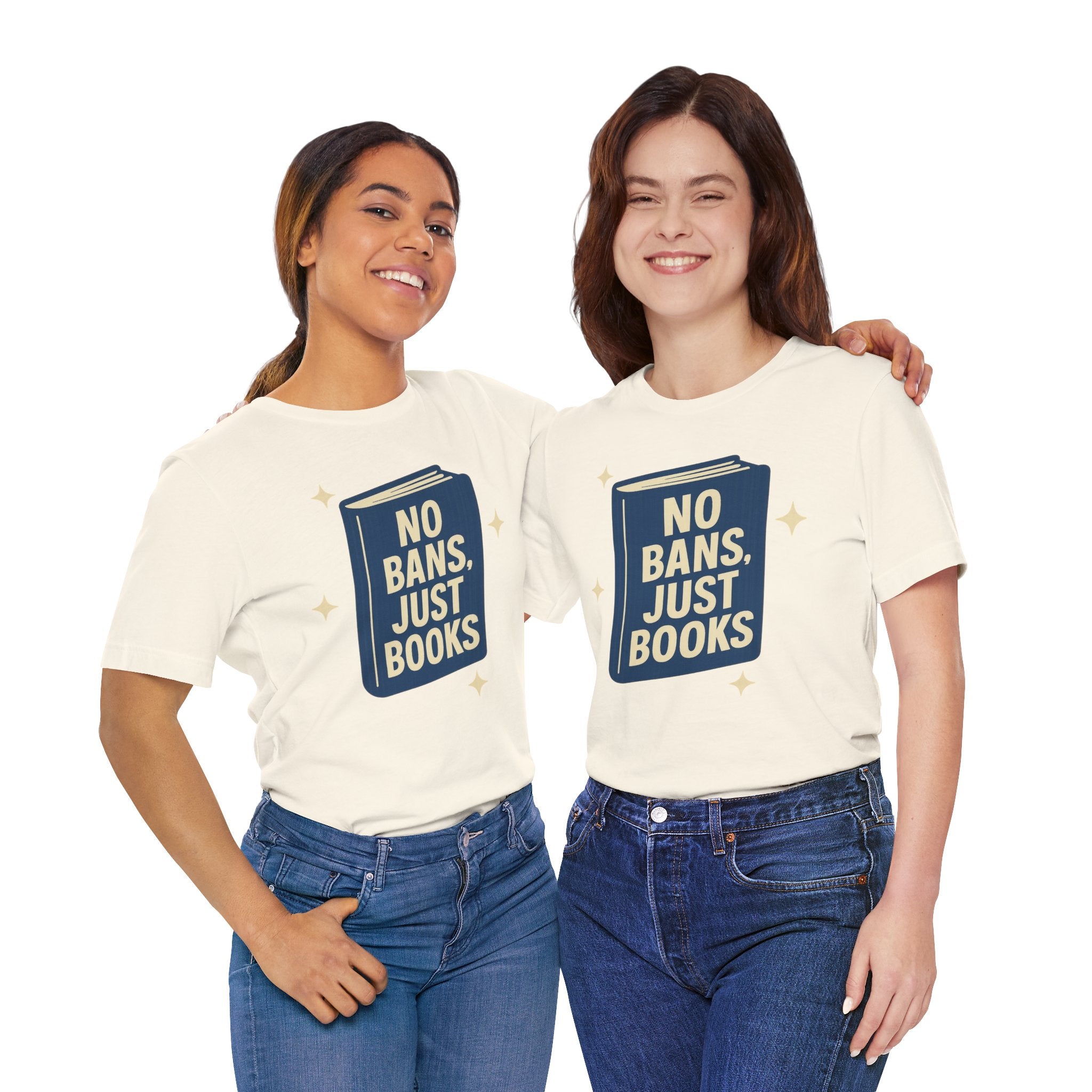 No Bans, Just Books tee — Natural- accent — angled Duo
