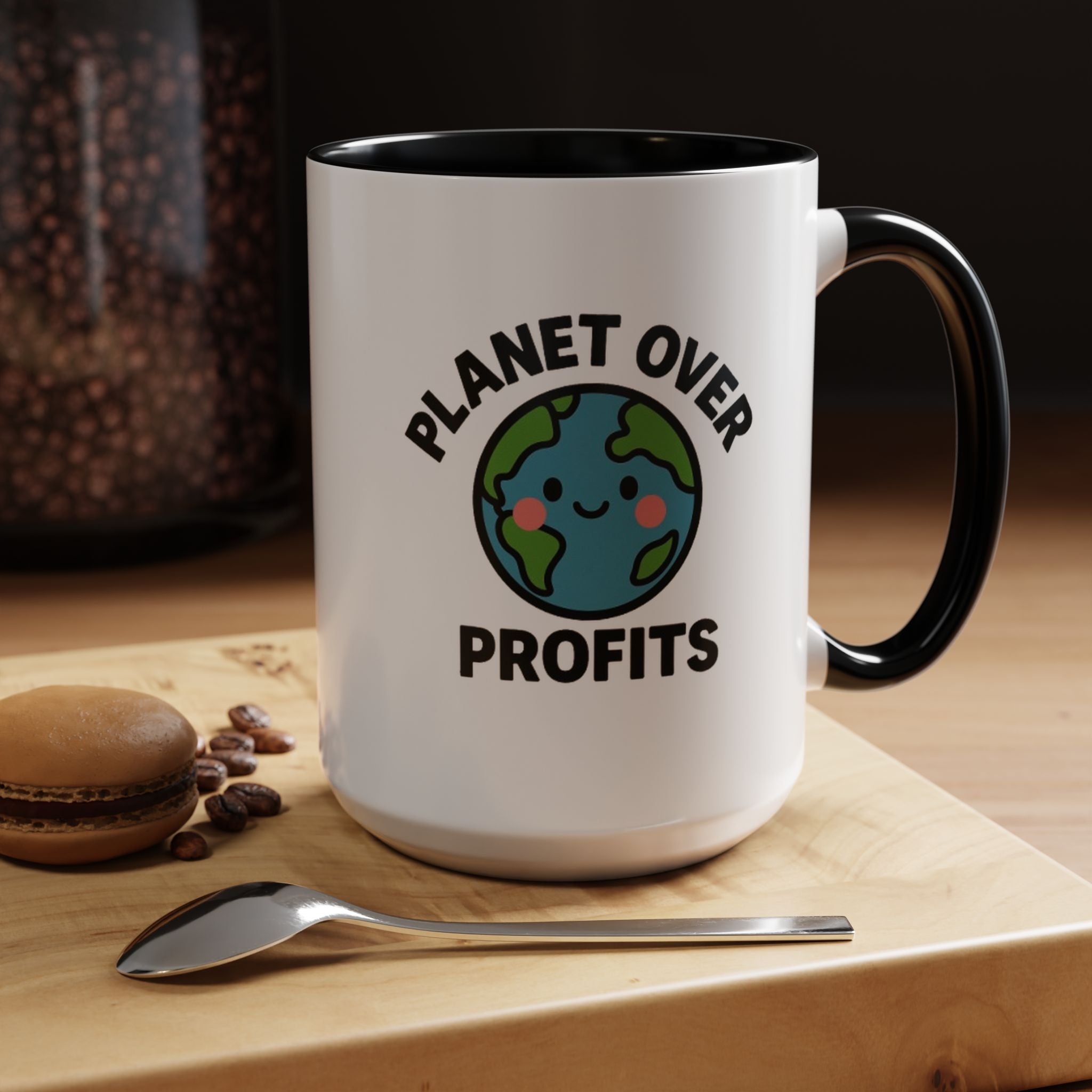 Planet Over Profits mug — 15oz — Black - accent — angled lifestyle
