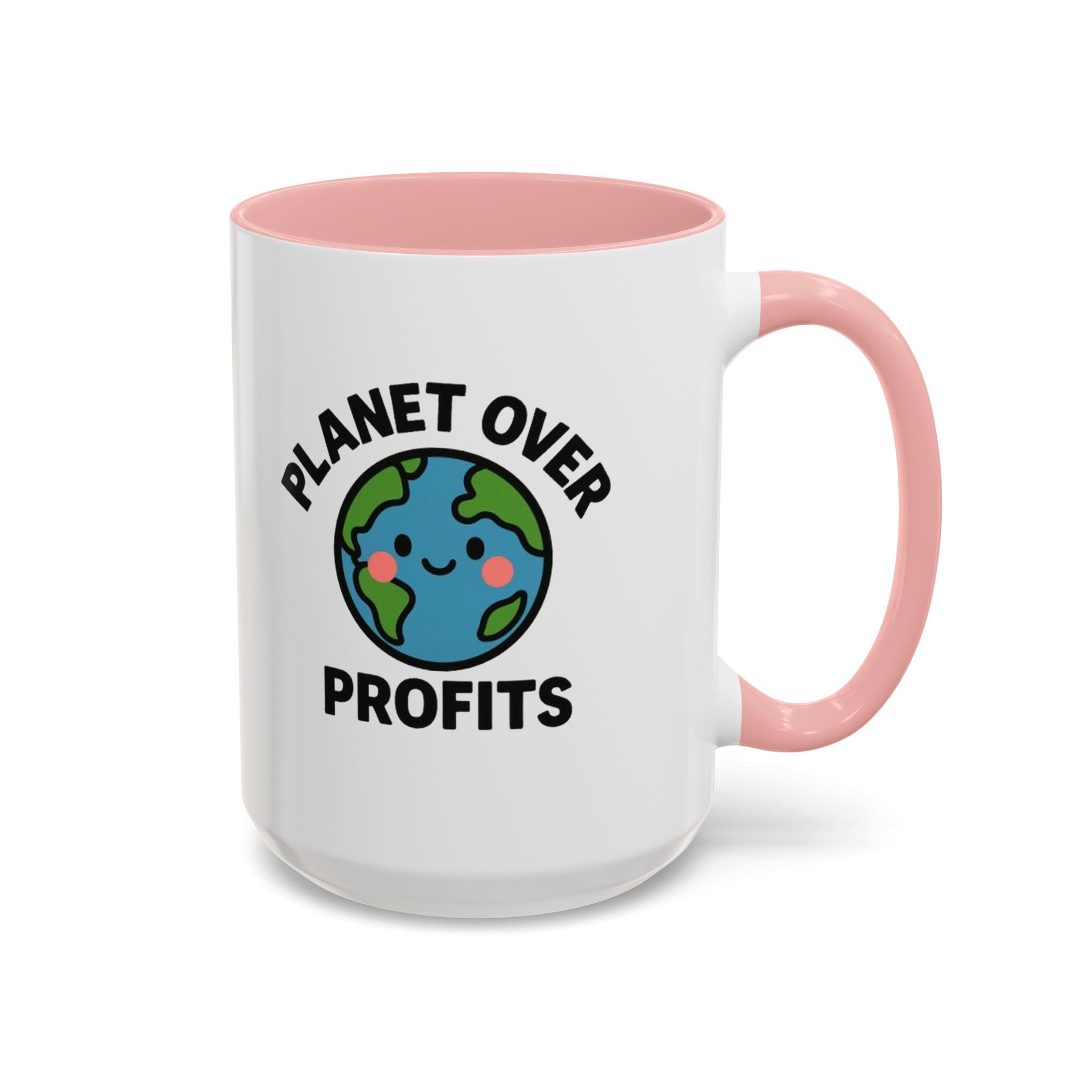 Planet Over Profits mug — 15oz — Pink - accent — angled flat lay
